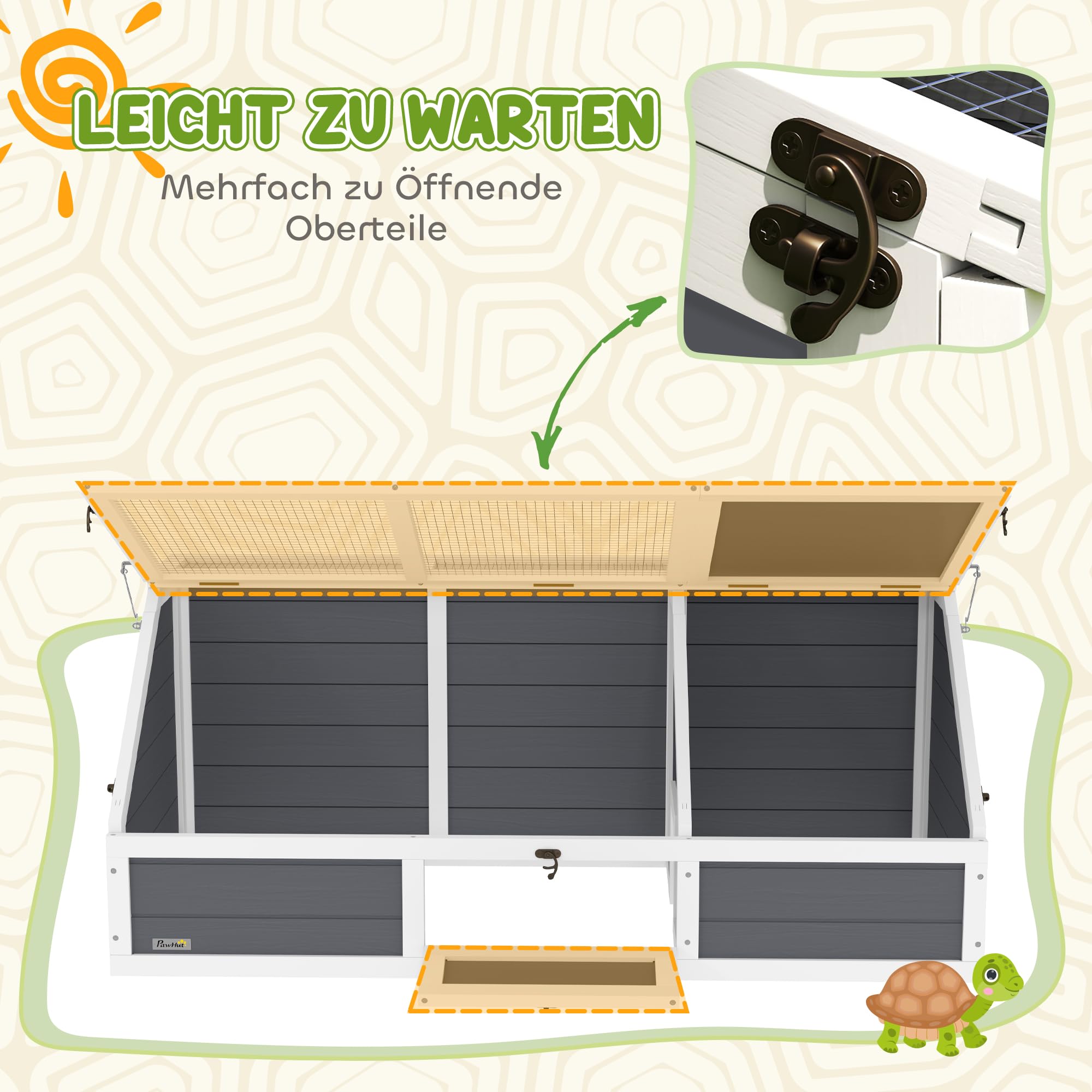 PawHut Schildkrötenhaus aus Holz Schildkrötengehege mit Haupthaus, Spielplatz, aufklappbarem Oberseite, Verschlüssel Reptilienkäfig Kaninchenstall für Amphibien Indoor Outdoor 120x55x50 cm Hellgrau