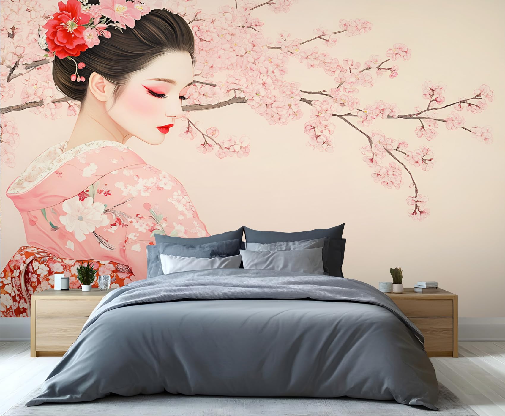 Japanese Wallpaper, Cherry Blossoms Wallpaper for Bedroom Japanese Geisha Living Room Wallpapers, Pink Flowers 3D Photo Murals for Kitchen Apartment Background Decor, 366x254cm (Not Peel and Stick)