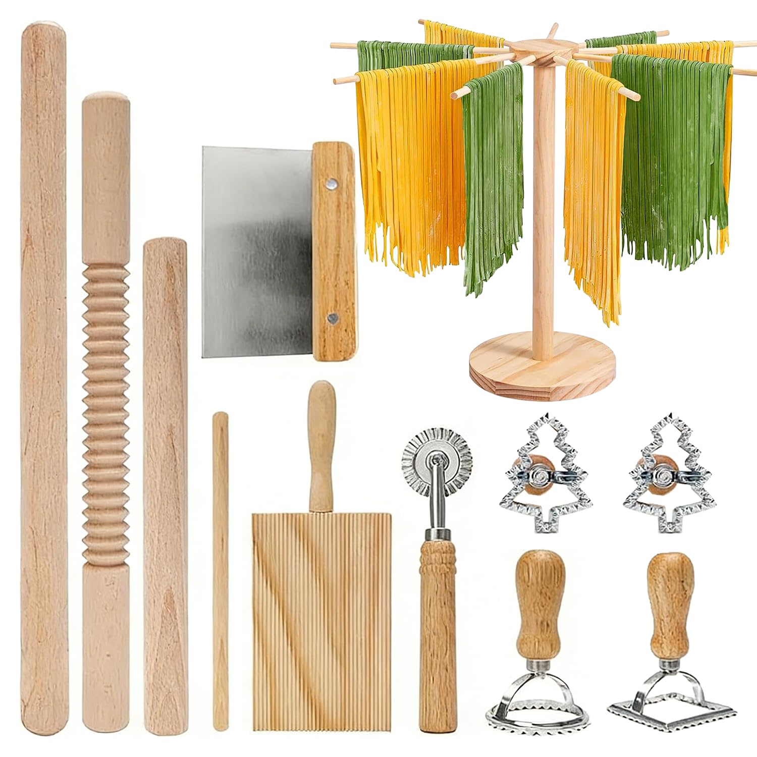 Lot de 12 machines à pâtes manuelles avec support de séchage des pâtes, rouleau à pâtes, planche à gnocchi, emporte-pièces pour ravioli, coupe-pâtes, kit de fabrication de pâtes