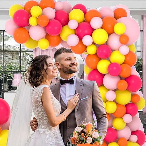 Miniatura 3 de Kit de arco de guirnalda de globos rosa y naranja, 137 globos rosa rojo claro, naranja y amarillo para cumpleaños, boda, baby shower, aniversario,