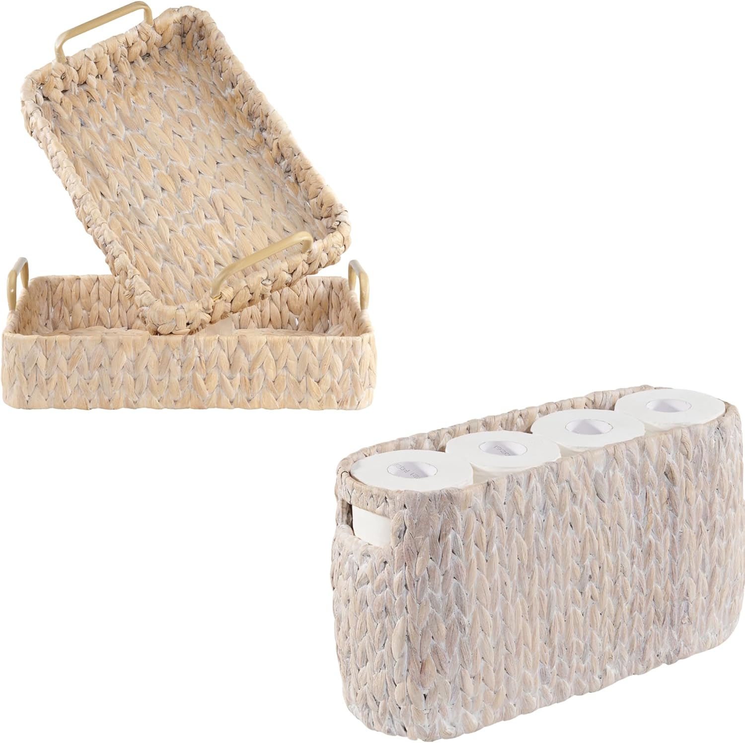 Toilet Paper Storage Basket and Set of 2 Rectangular Trays, White