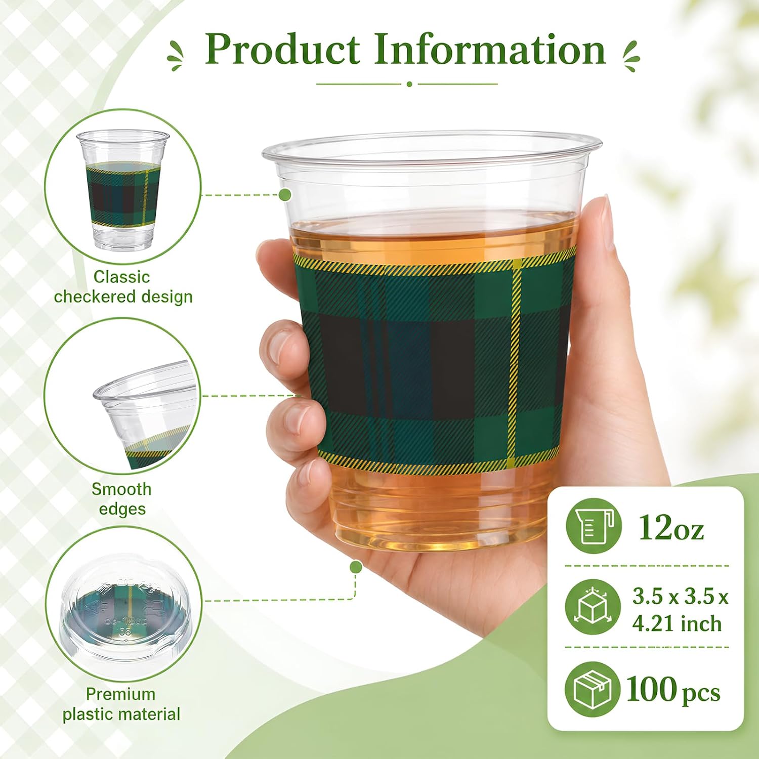 100 pcs 12 Oz Tartan Plaids Plastic Cups Bule Green Gingham Checkered Plaid Clear Drinking Cups Bulk for Cold Drink Ice Cream Snacks Baby Shower Wedding Birthday graduation Party Guest Supplies image 2