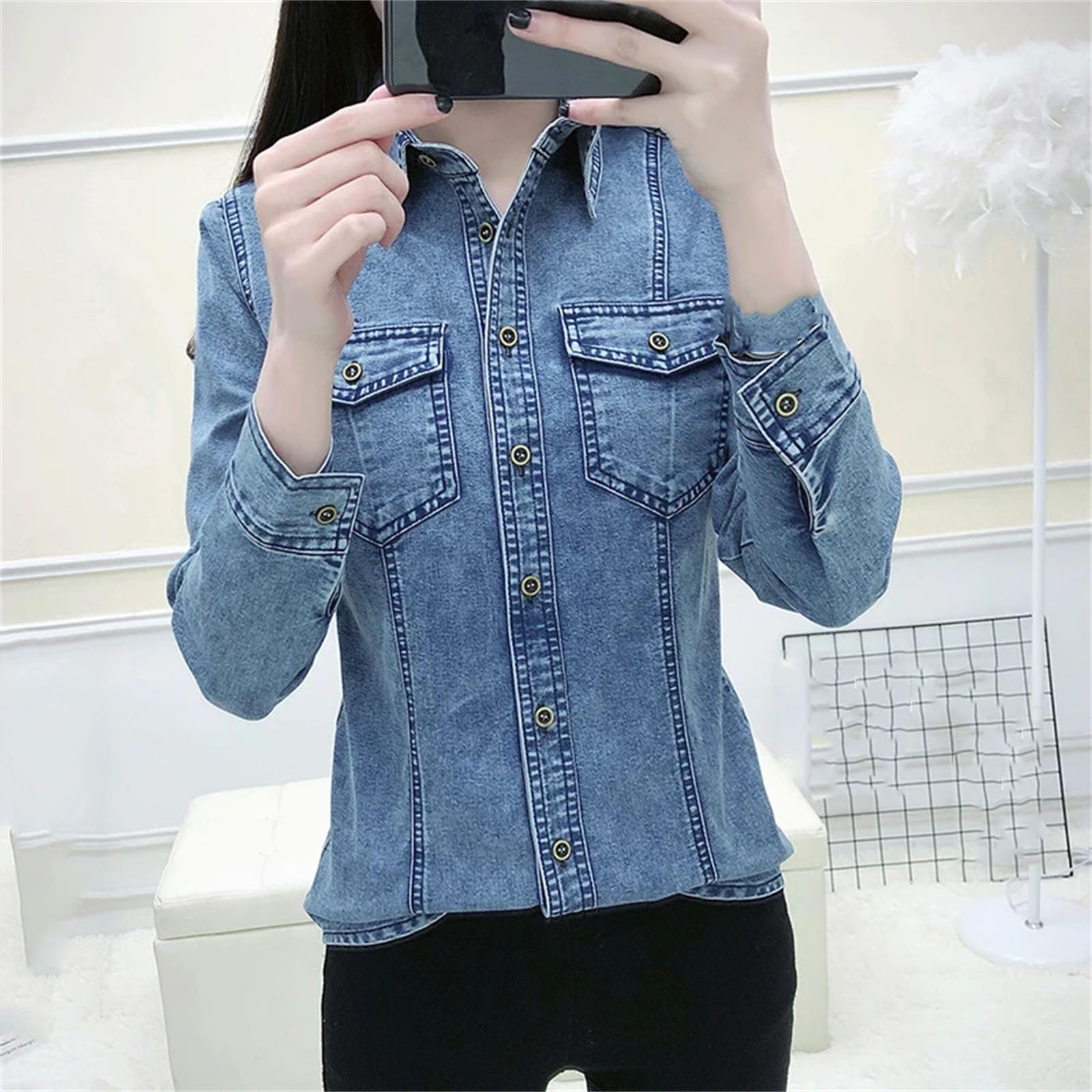 Camicia da donna in denim casual tinta unita con bottoni singoli tasche a maniche lunghe top camicie camicette