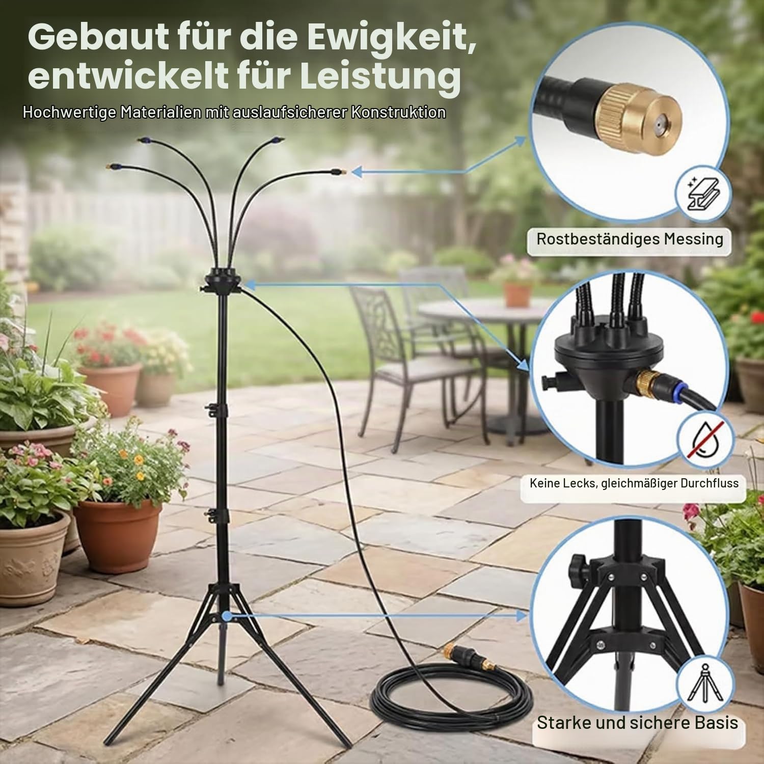 Verstellbares Outdoor Nebelkuehlsystem, stehender Spruehnebel Kuehler fuer Terrasse und Garten, rotierbares Stand Spruehsystem mit 4 flexiblen Nebelduesen, Dreibein Gartenkuehler (Schwarz)
