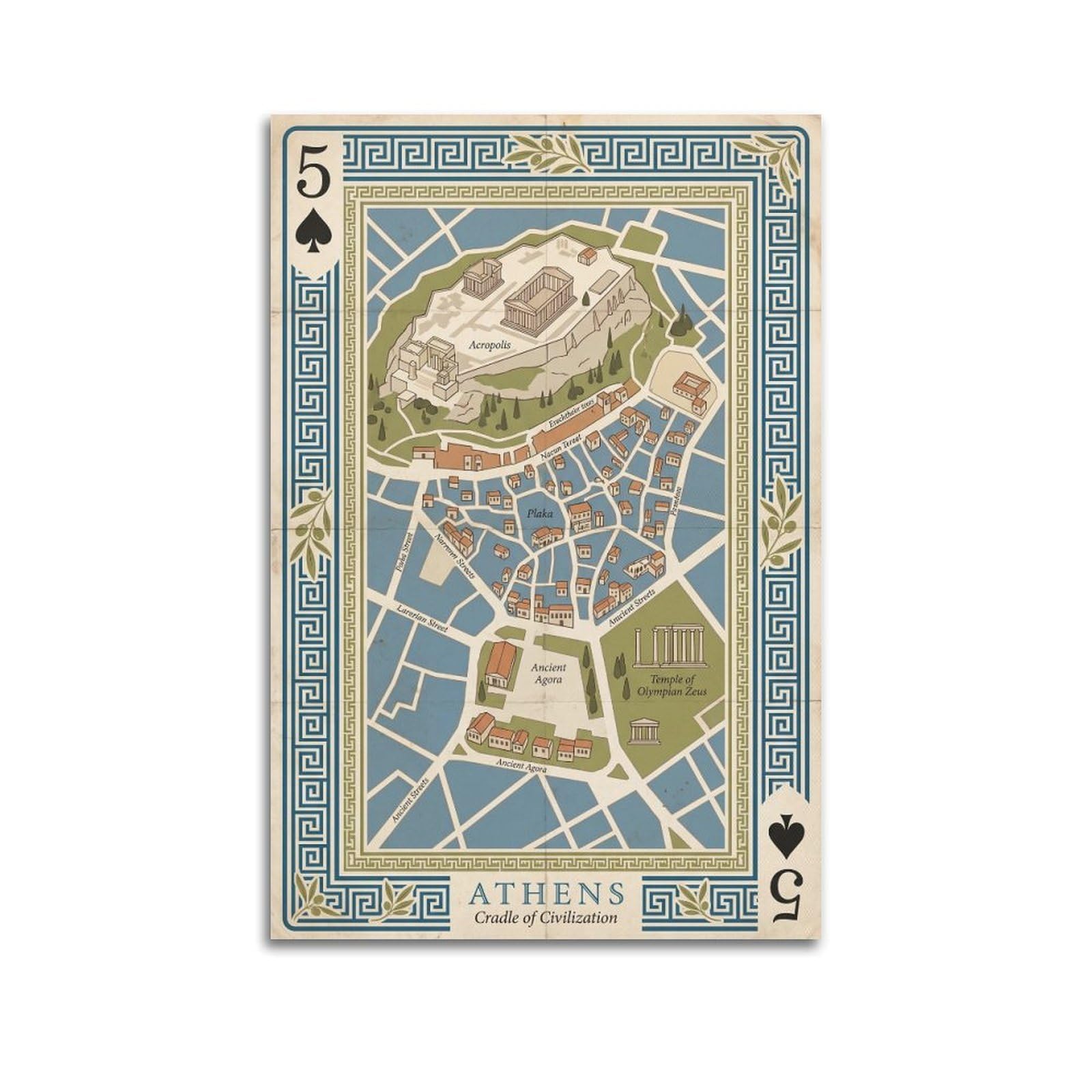 OKNGB Vintage City Map Poster Athens Acropolis Greece Playing Card Style Decorative Painting Canvas Art Picture 24x36inch(60x90cm)