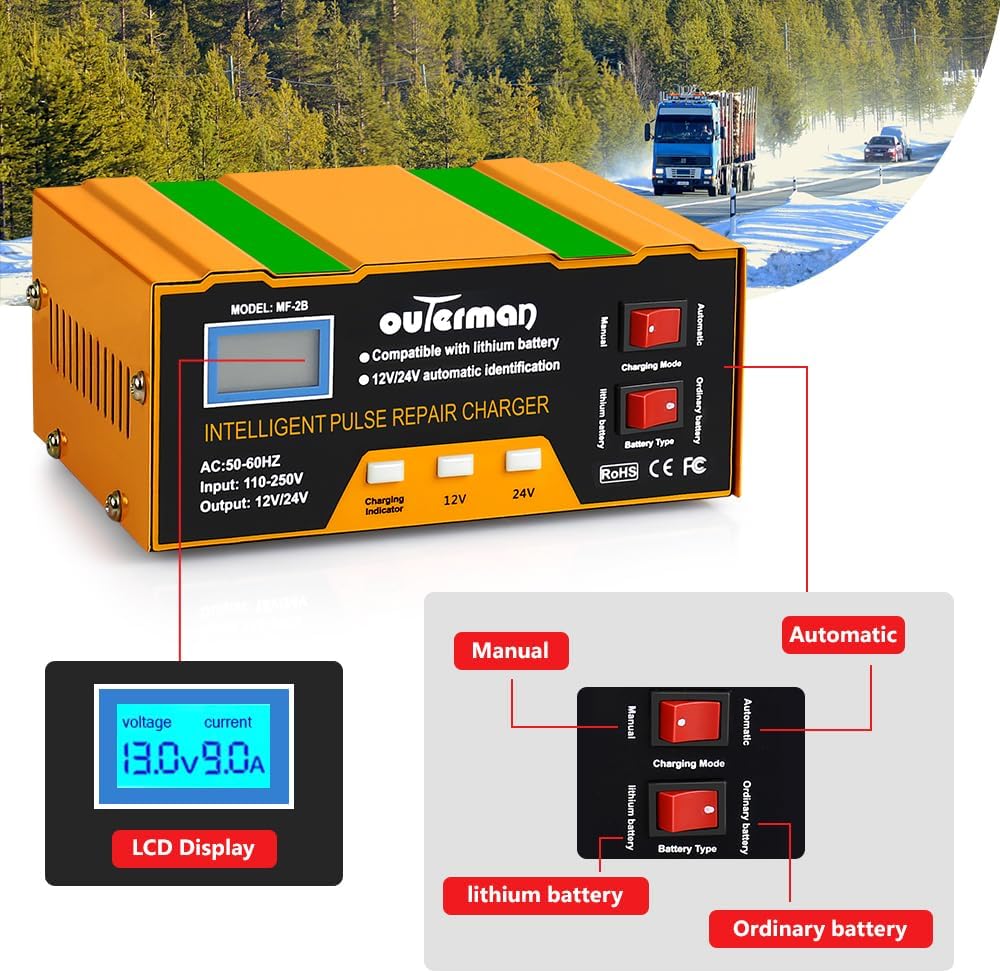 Car Battery Charger, Outerman Smart 12V 24V Auto Lead-Acid Battery Charger with LCD Display and Pulse Repair for Motorcycles, Cars, Trucks, Lawnmowers (Orange)