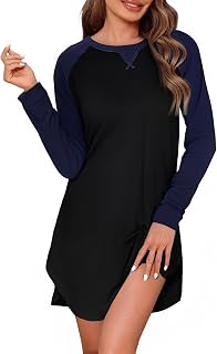 Camisones de Mujer Agodón Camisón Mujer Manga Larga Colores Contrastantes con Cuello Redondo Suave Elegante Ropa de Dormir