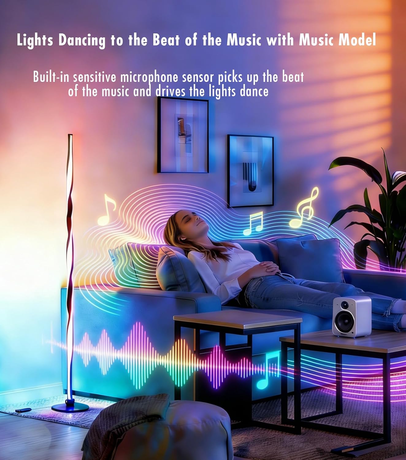 Smart RGBWIC Floor Lamp Basic, LED Corner Lamp compatible with Alexa, Modern Floor Lamp with Music Sync and 16 Million DIY Colors, Color Changing Standing Lamp for Bedroom Living Game Rooms, Black