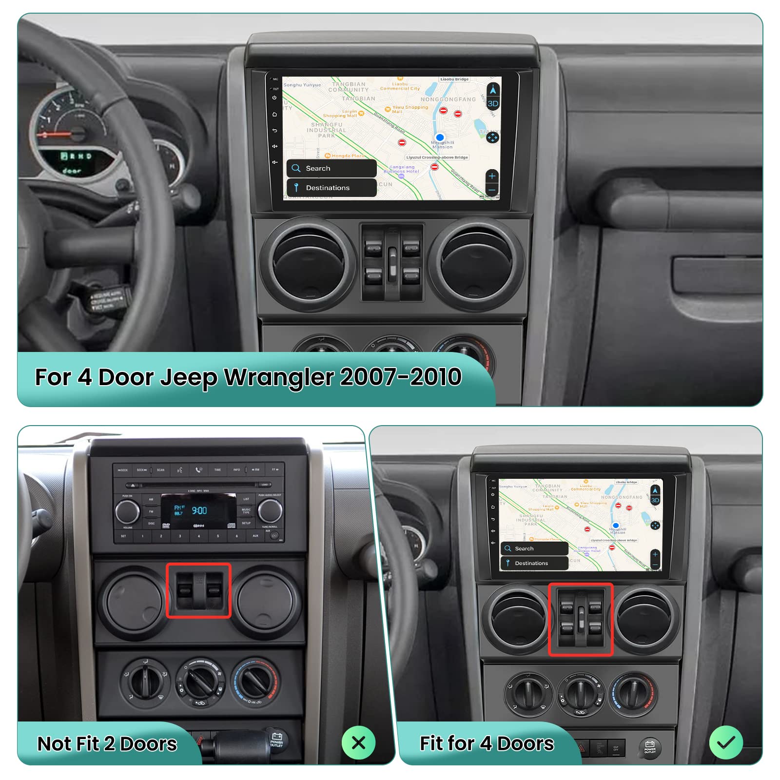 [2G+64G] Car Radio for Jeep Wrangler 2007 2008 2009 2010 (4 Door), 9 inches Android 13 Touch Screen Stereo, Carplay/Android Auto/Hi-Fi/1080P/Bluetooth/SWC + AHD Backup Camera
