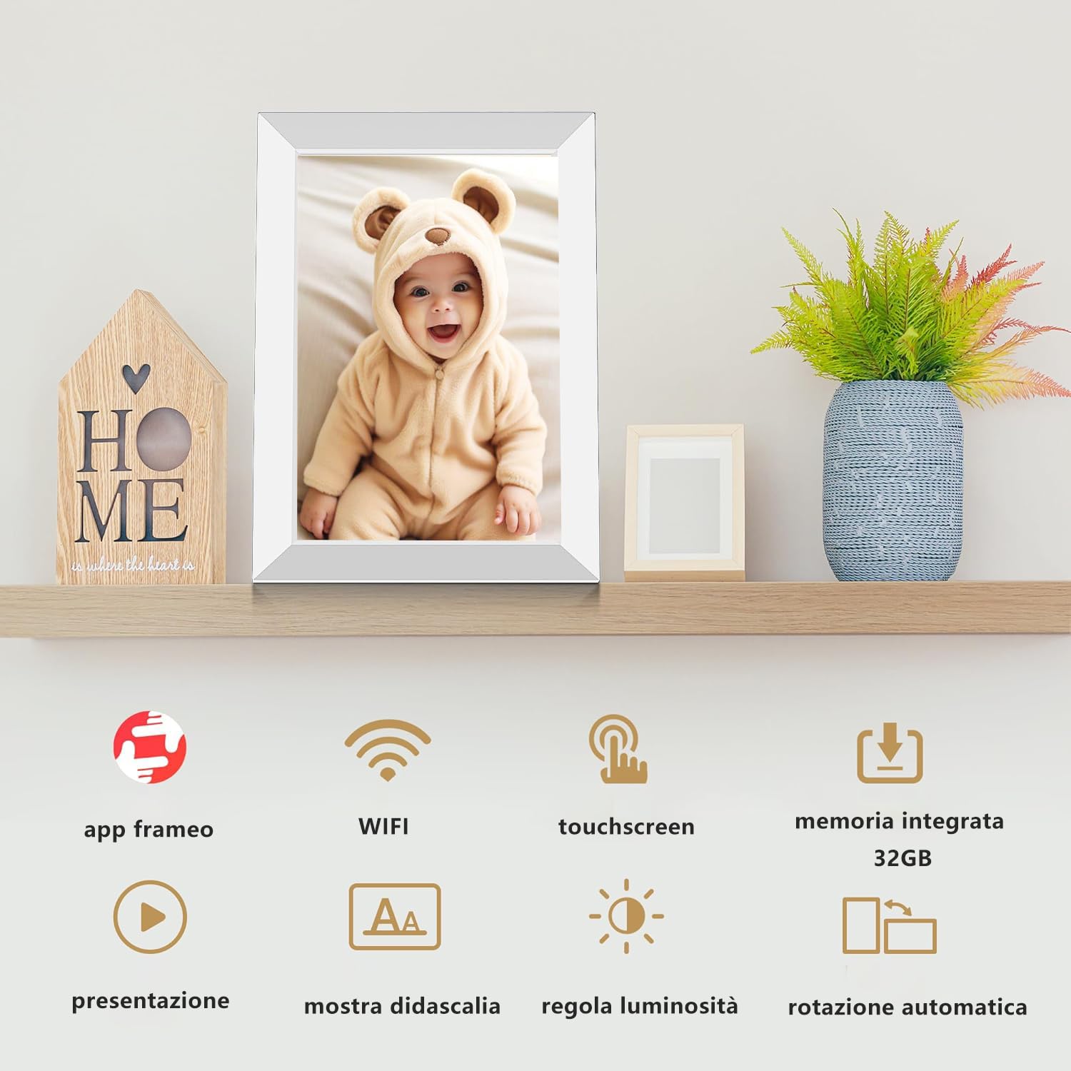 FRAMEO 32GB Cornice Digitale 10,1 Pollici WiFi, Schermo Touch IPS HD 1280x800, Presentazioni, Meteo, Teamperature, Tempo, Rotazione Automatica, Condivisione Istantanea delle Foto (Bianco)