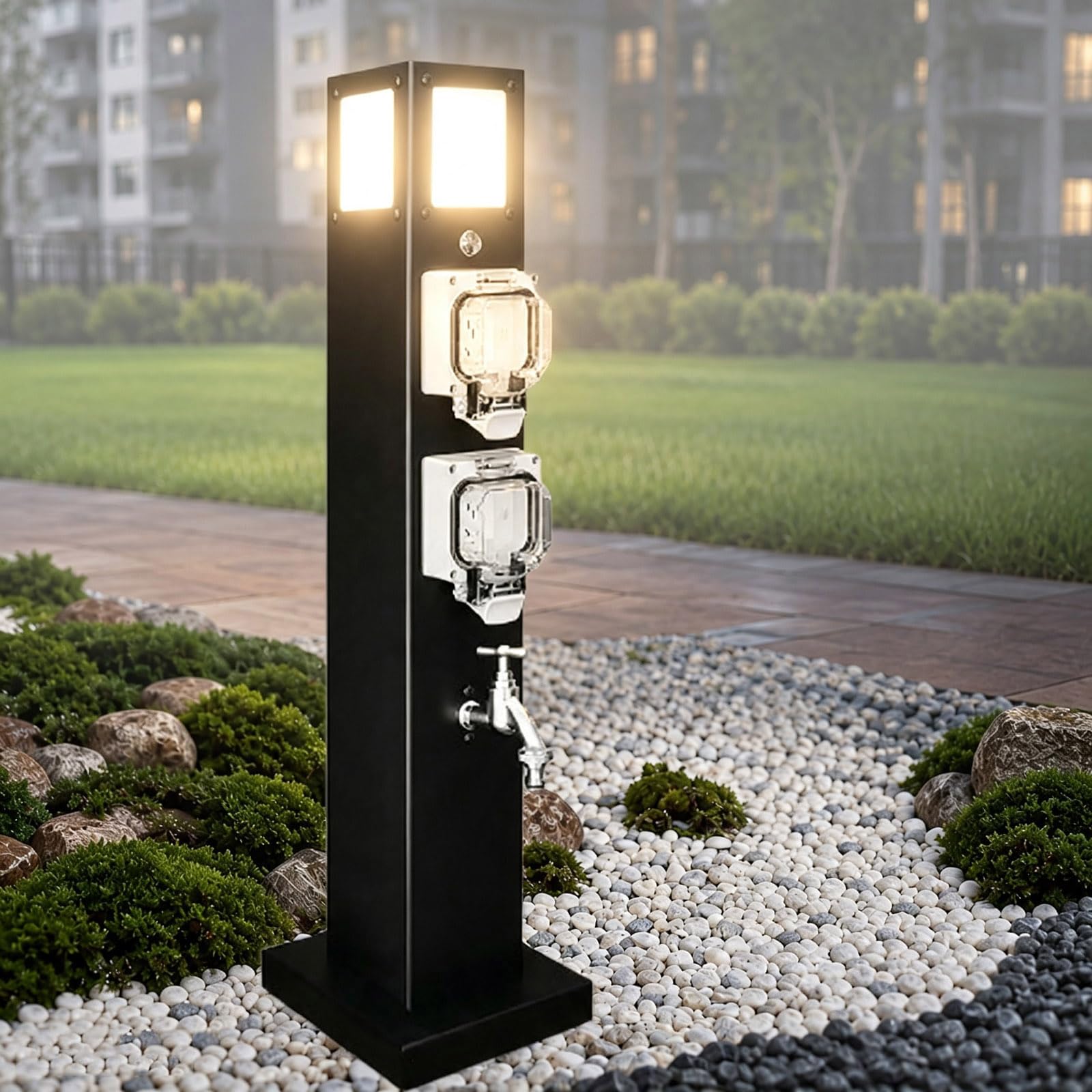 Colonnina da Giardino con Presa Ip66, Rubinetto E Luce LED, Acciaio Inox A600 3