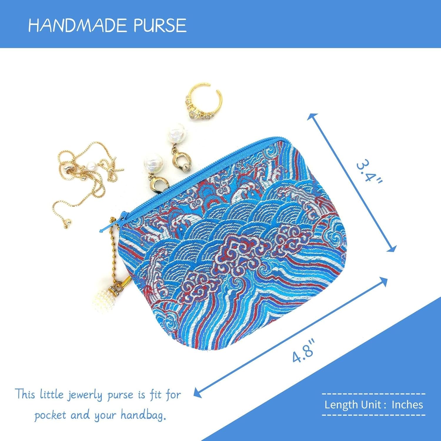 Handmade Jewelry Pouch Women Coin Purse Brocade Zipper Wallet Silk Rosary Bag - SkyBlue - Image 2