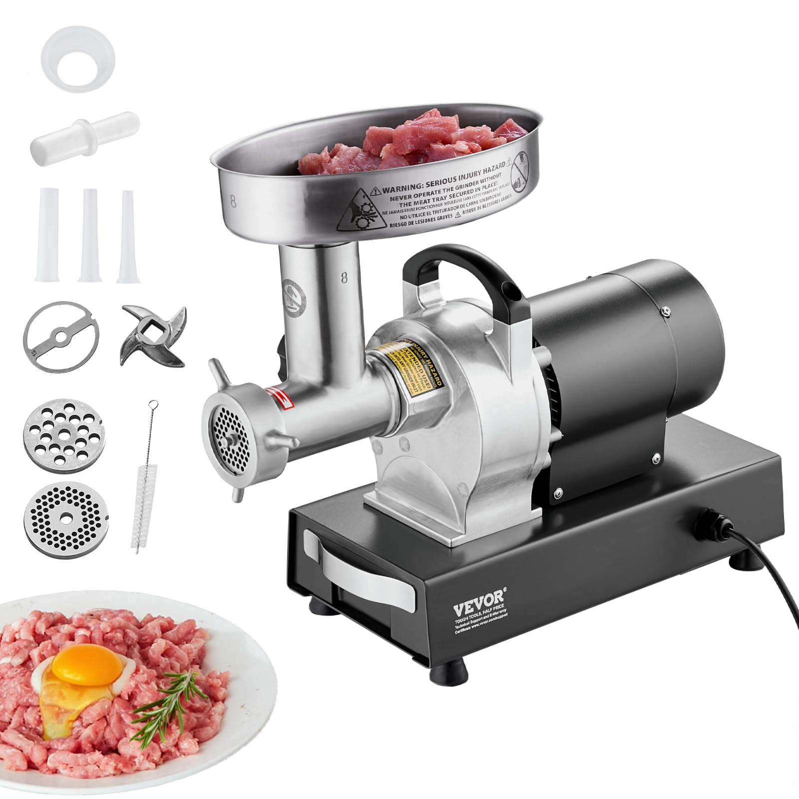 VEVOR Tritacarne Elettrico, Capacità 2,72 kg/min Tritacarne Industriale da Banco con Lama, Piastra di Macinazione, Macchina per Salsicce, Tritacarne Commerciale in Acciaio Inossidabile per Cucina