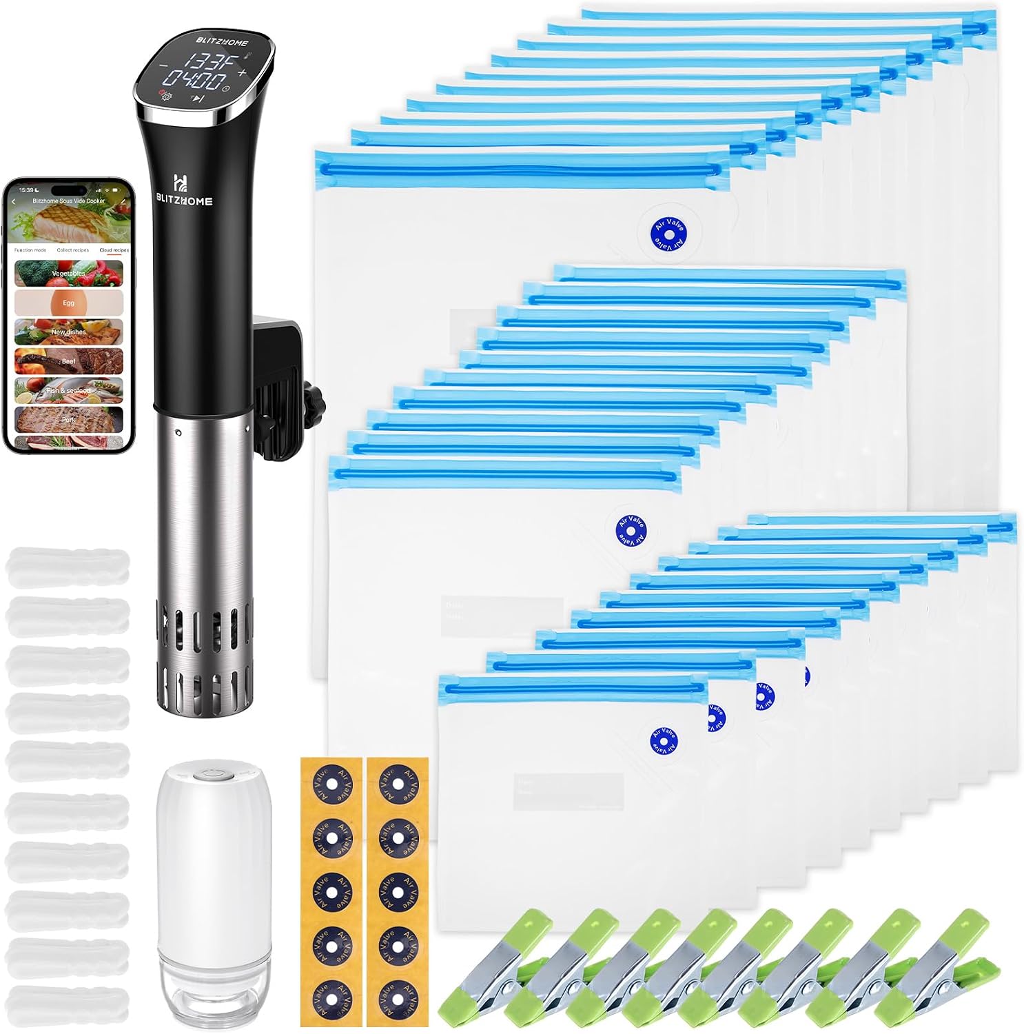 BLITZHOME Compact WiFi Sous Vide Machine & 59 Pcs Kit Bundle: WiFi App Sous Vide Cooker with 30Pcs Bags,1 Vacuum Pump, 10 Air Valves, 10 Sealing Clips, 8 Clips