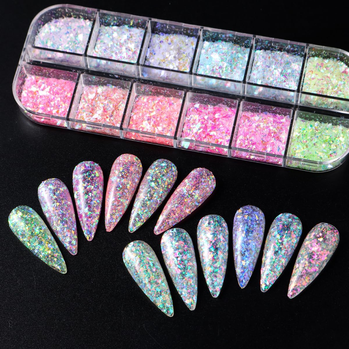 12 Colors Mermaid Nail Art Glitter Sequins Iridescent Ice Slag Nail Glitter Flakes Ultra Thin Nail Art Designs 3D Holographic Nail Sequins for Nail Art Supplies Manicure Decoration Accessories - Image 4