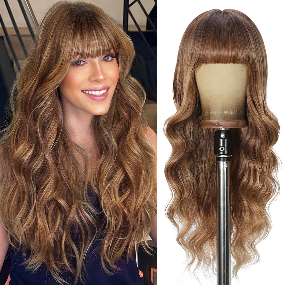 Photo 1 of UNNYMGER Brown Wigs with Bangs Long curly wavy Wig Brown mixed Honey Blonde Wig for Women Natural Synthetic Wigs for Daily Party Use 26IN(Brown mixed Honey Blonde)