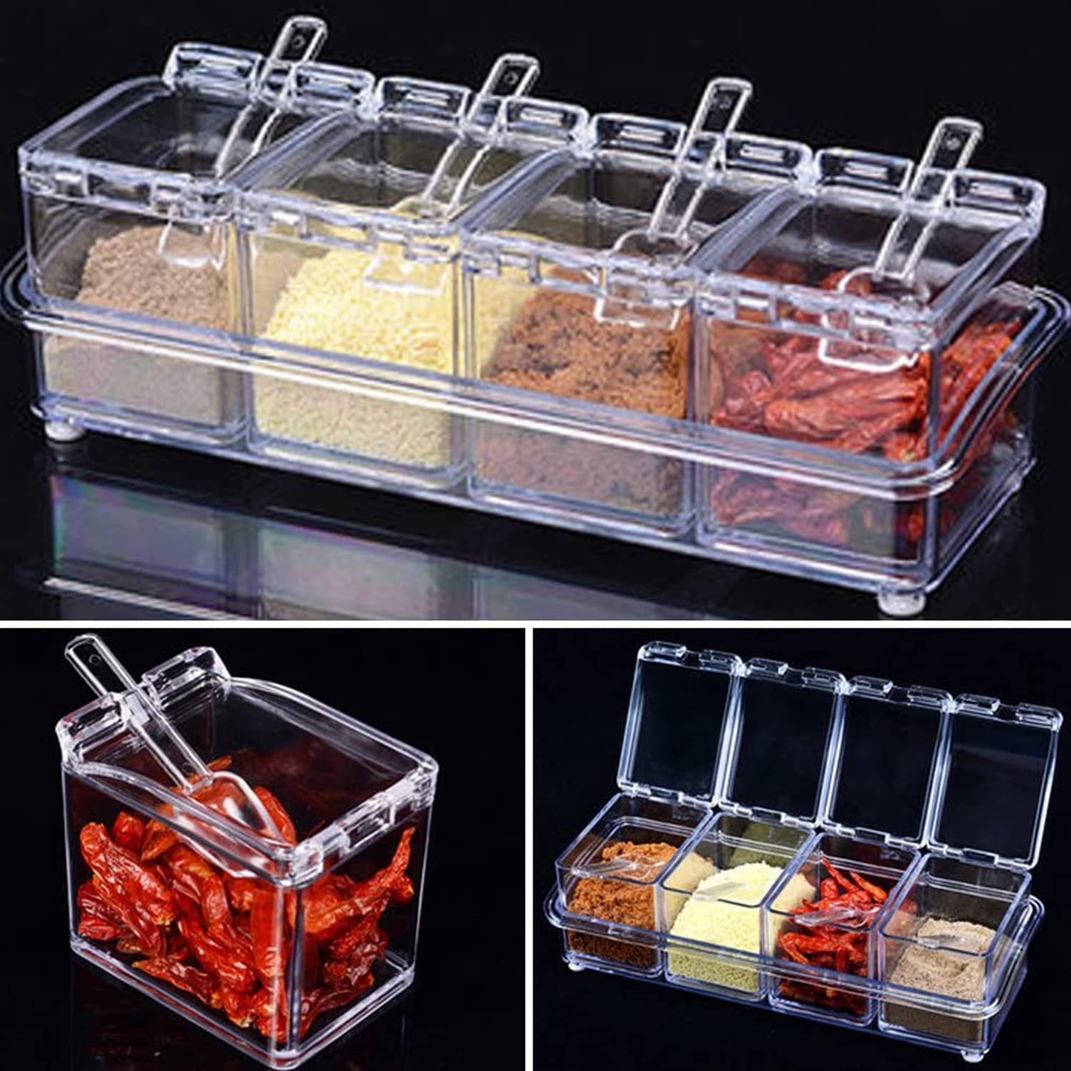 Acryl Gewürzbox Set Mit 4 Behältern & Löffeln – Transparent, Mit Tablett, Für Salz, Zucker, Pfeffer & Mehr