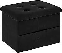 ZOESHOMEWARE Velvet Storage Ottoman Footrest with Side Pocket, Black Foldable Foot Stool 16x12x12 Inch for Living Room Dorm Couch