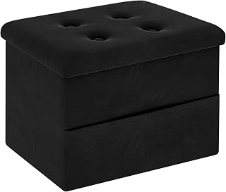 ZOESHOMEWARE Velvet Storage Ottoman Footrest with Side Pocket, Black Foldable Foot Stool 16x12x12 Inch for Living Room Dorm Couch