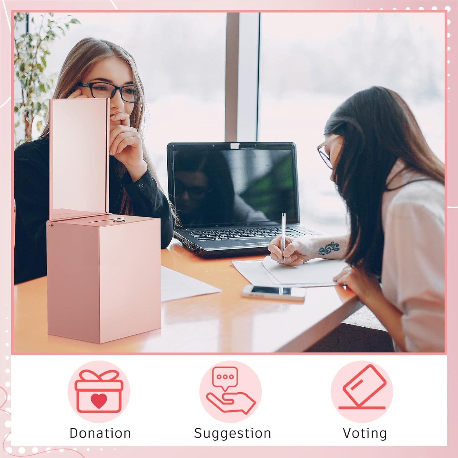 Metal Donation Box with Lock 6.7 x 5 x 8 Inch Safe Ballot Suggestion Box with Sign Holder and Slot Tip Jar Voting Collection Raffle Mailbox for Voting Fundraising Collection(Pink)