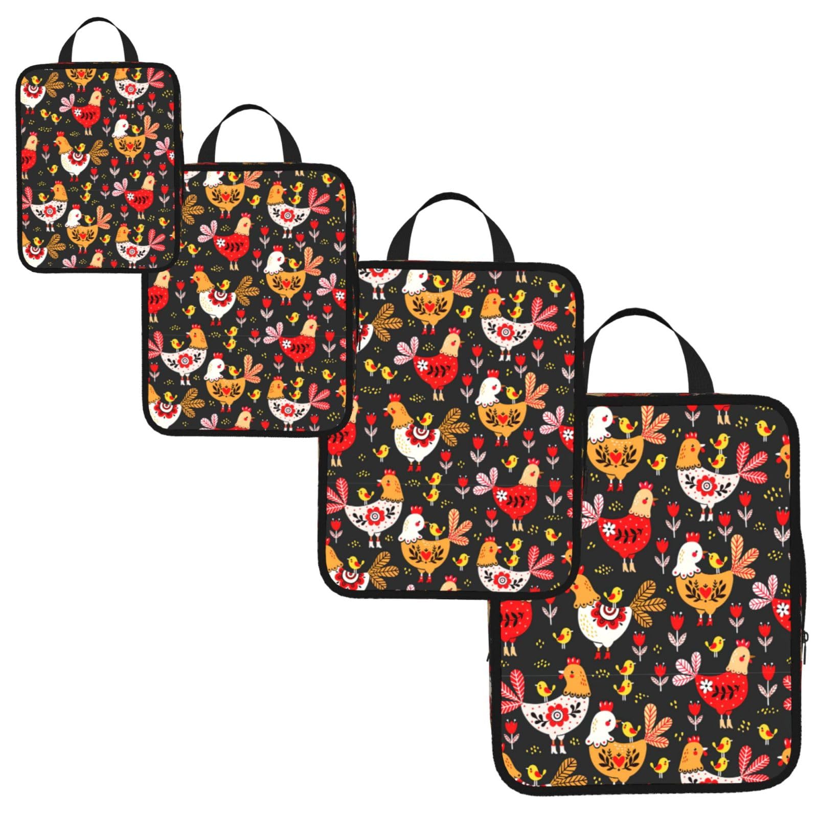 Cute Rooster Chickens Print 4 Set Compression Packing Cubes for Suitcases,Expandable Storage Bag Organizers
