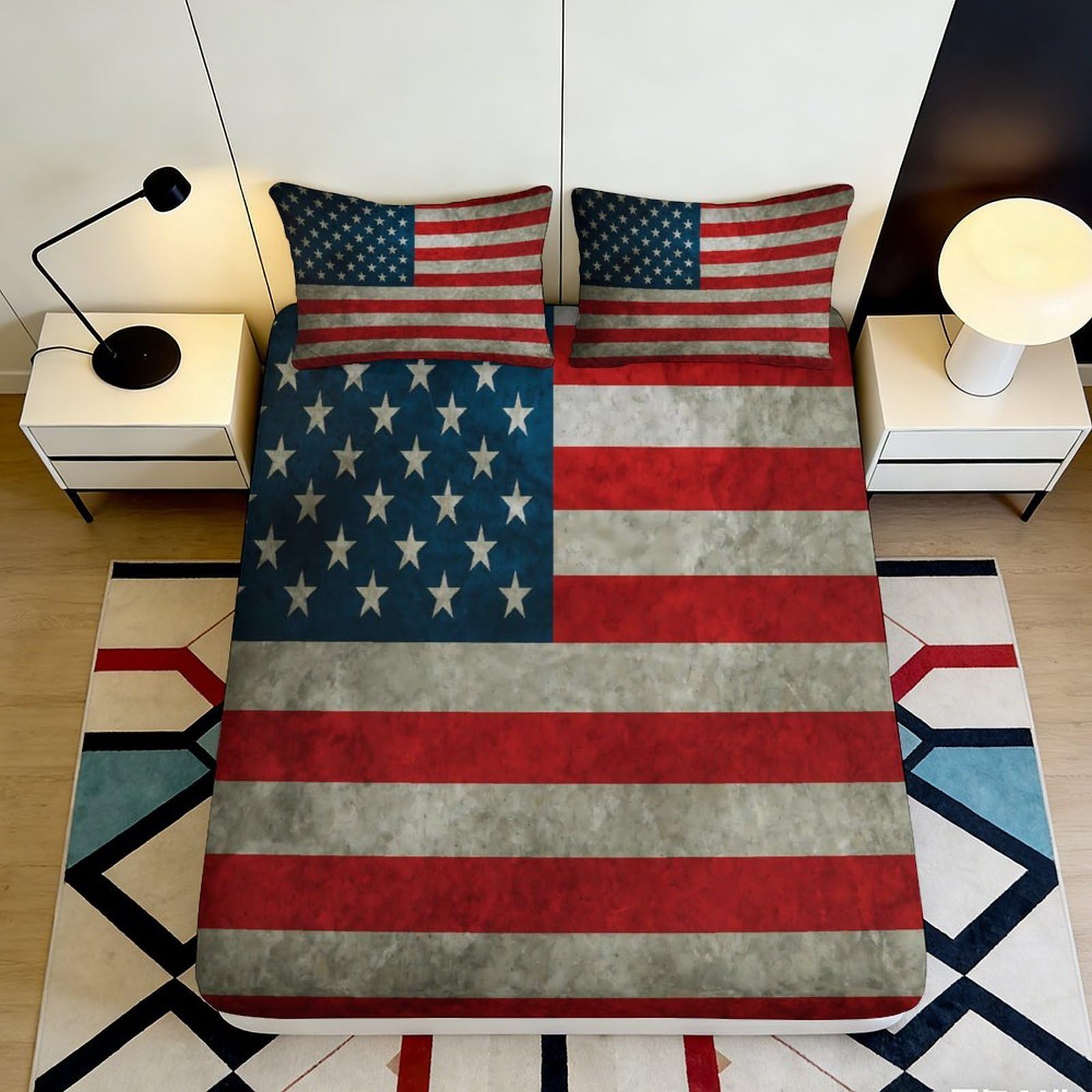 3D Printed American Flag Fitted Sheet Microfiber Soft Durable Vintage USA Bed Cover for Bedroom Dormitory Guest Room Mattress Protection 140x200x25cm