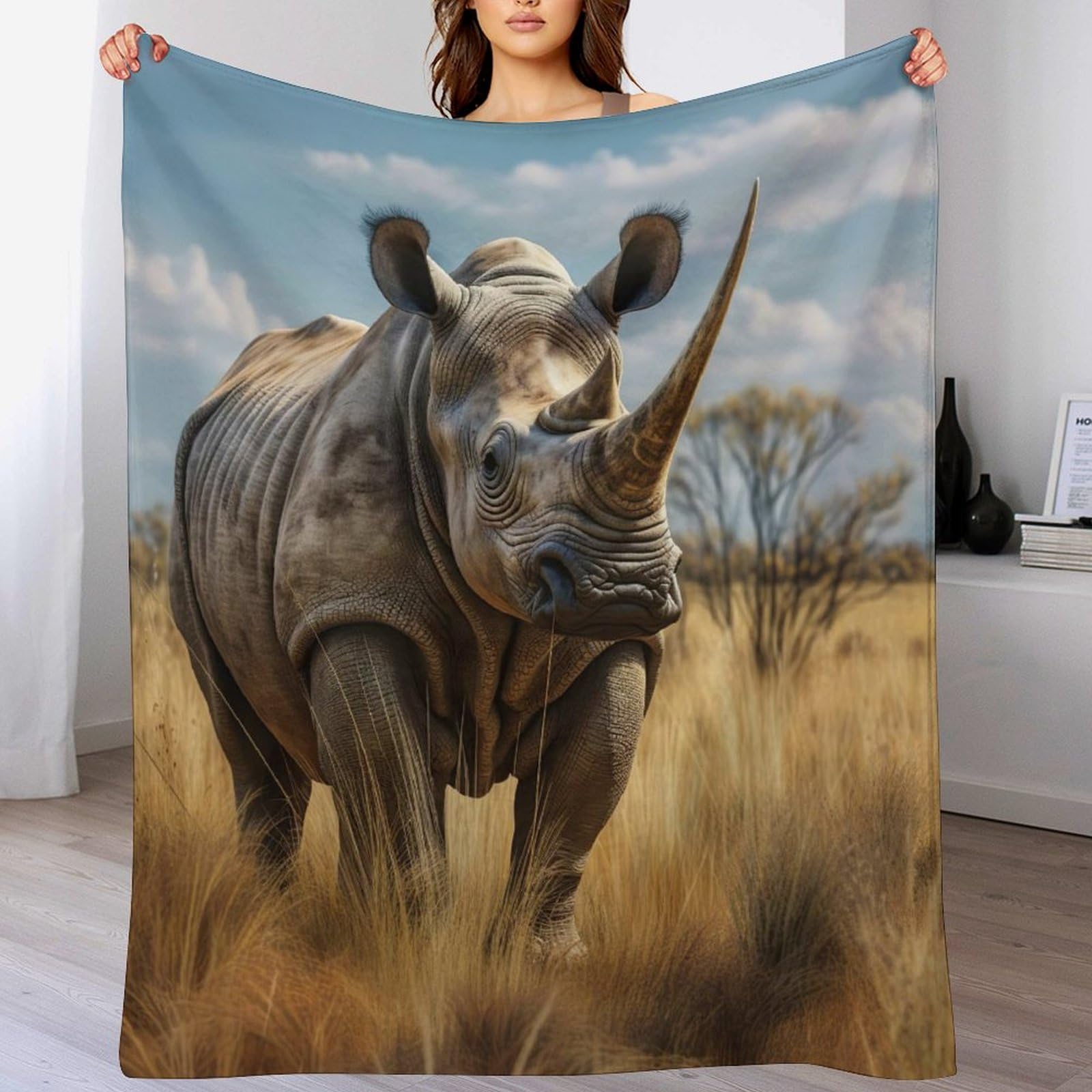 Couverture Flannel Motif Rhino 3D Plaid Canapé pour Garçons Adultes 130x180cm