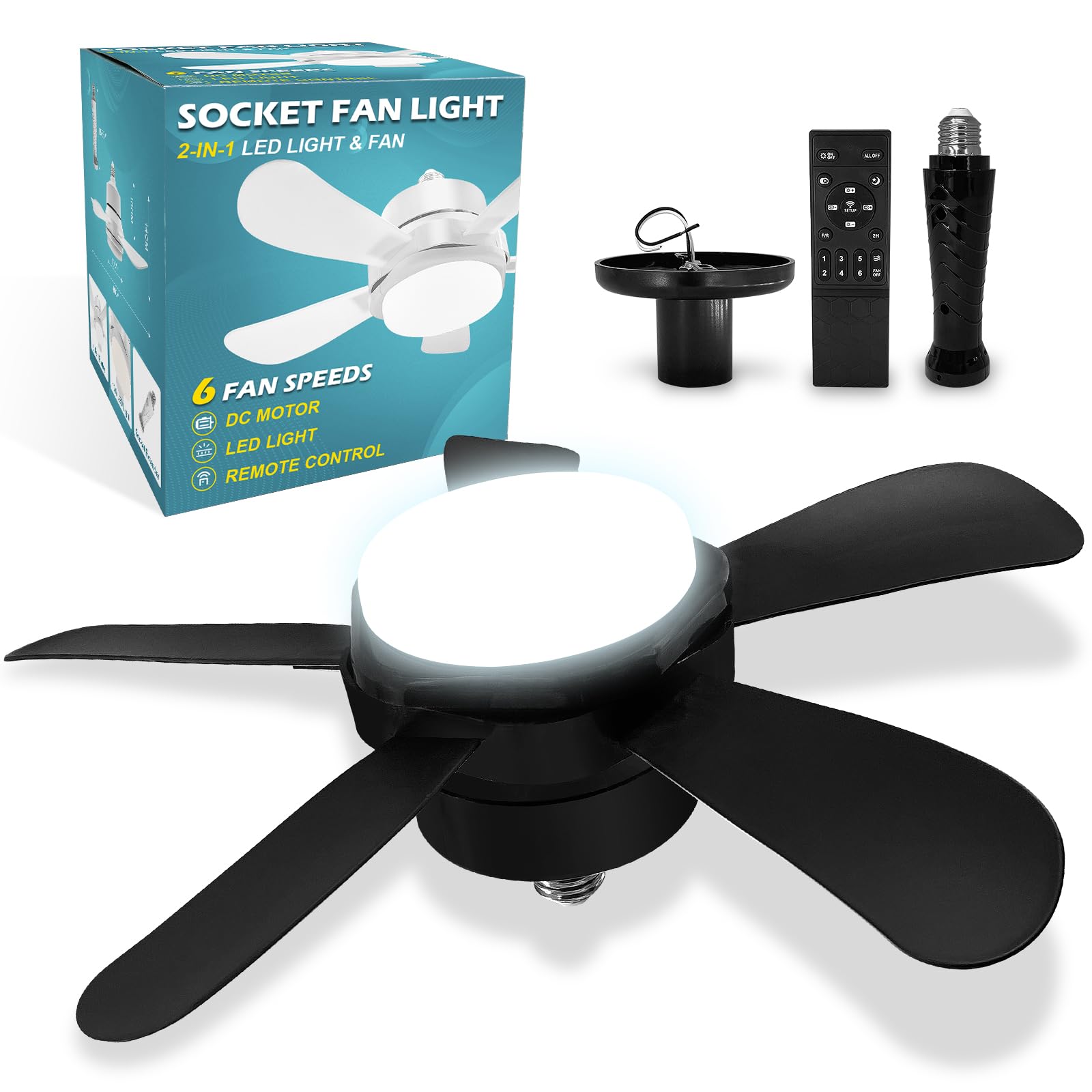 snsok Ventilador de techo con luz y mando a distancia, lámpara de ventilador de techo con casquillo E27, 3 colores, 6 velocidades, Ø40 cm, 5 aspas reversibles para verano/invierno (negro-40 cm)