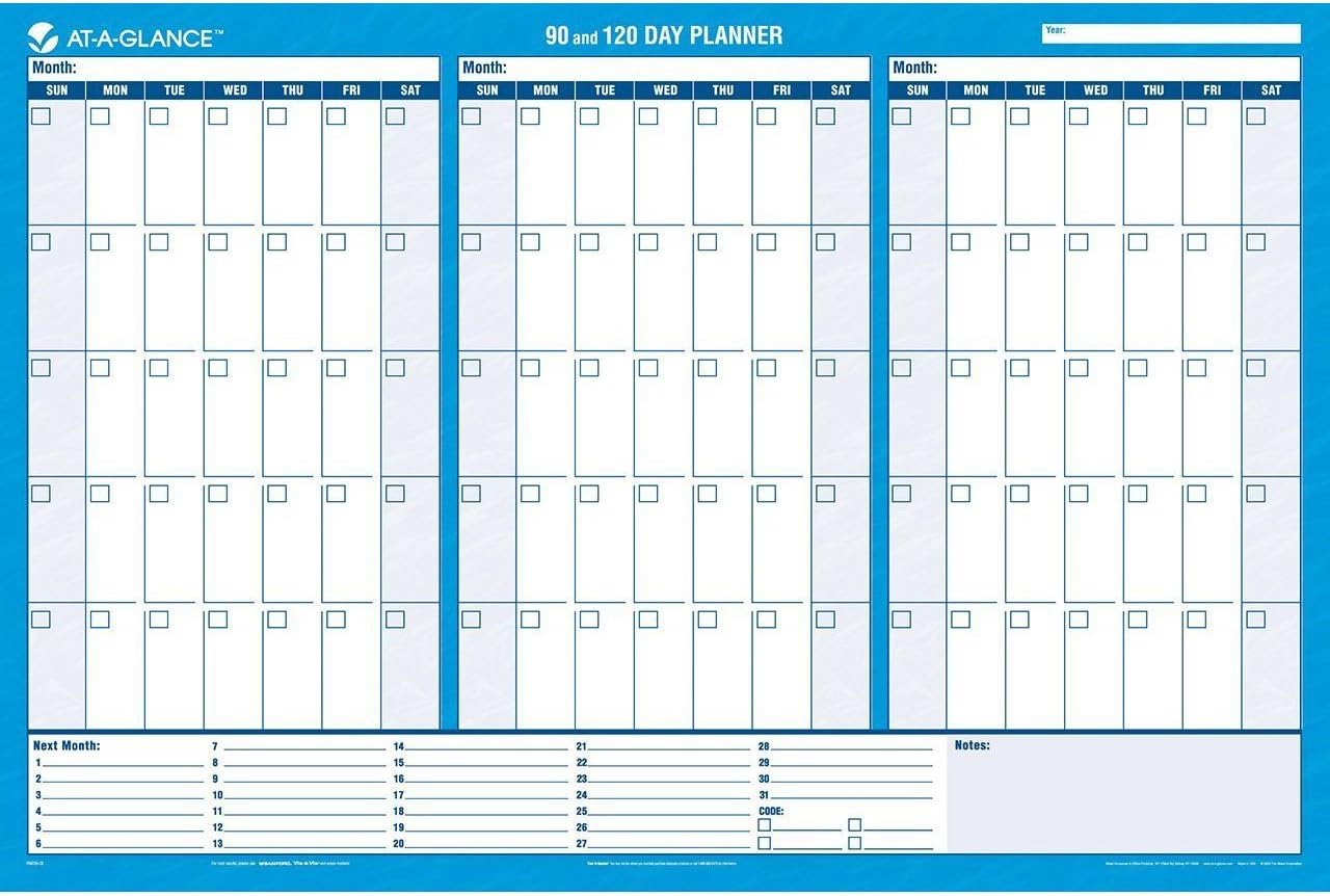 90/120-Day Undated Horizontal Erasable Wall Planner, 36 X 24, White/blue,