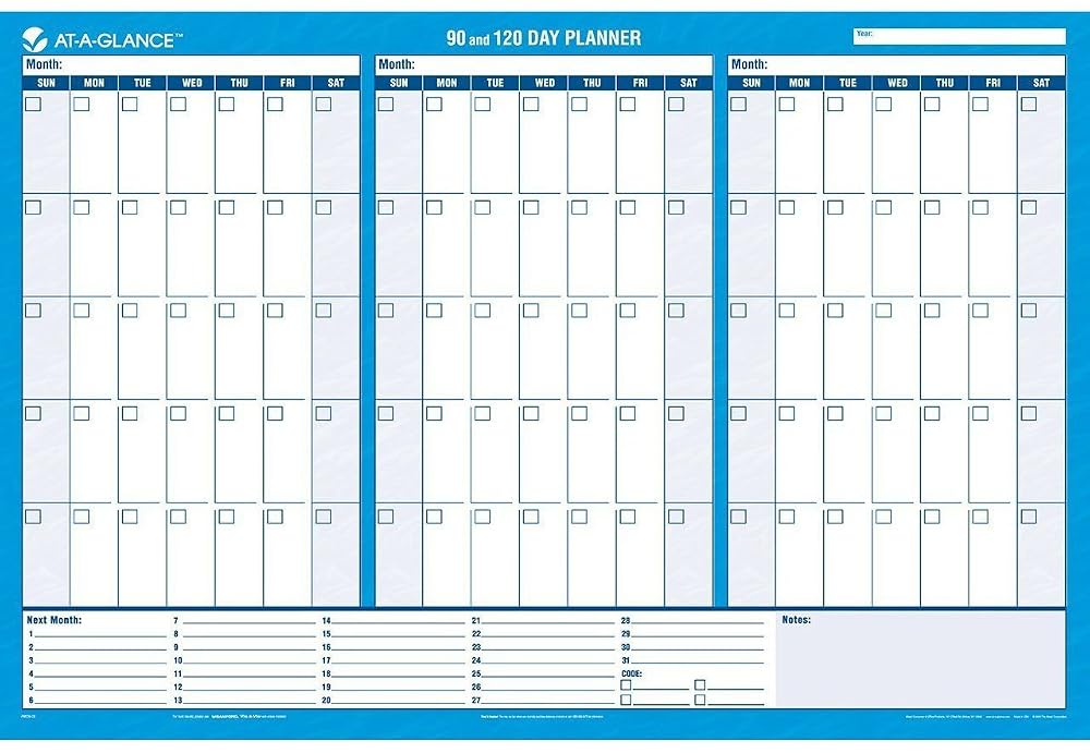 90/120-Day Undated Horizontal Erasable Wall Planner, 36 X 24, White/blue,