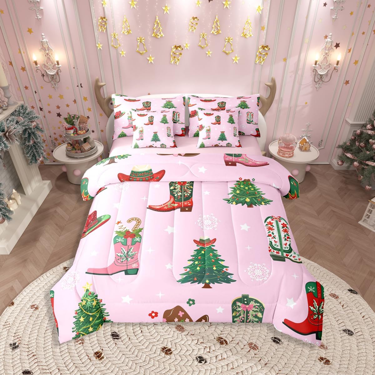 Erosebridal Xmas Tree 7 Pcs Bedding Set Twin, Western Pink Bed in A Bag for Christmas Room Decor, Cowgirls Boots and Hats Comforter Set with Sheets, Star Snowflake Bed Sets, Lightweight