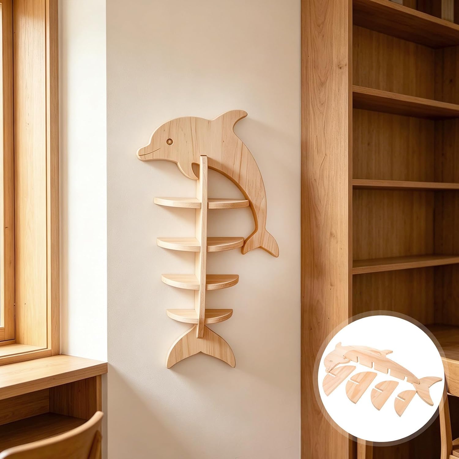 4-Tier Wooden Floating Wall Shelf with Dolphin Sculpture, Space-Saving Vertical Storage Rack for Miniature Action Figures and Perfume, Easy Installation Coastal Decorative