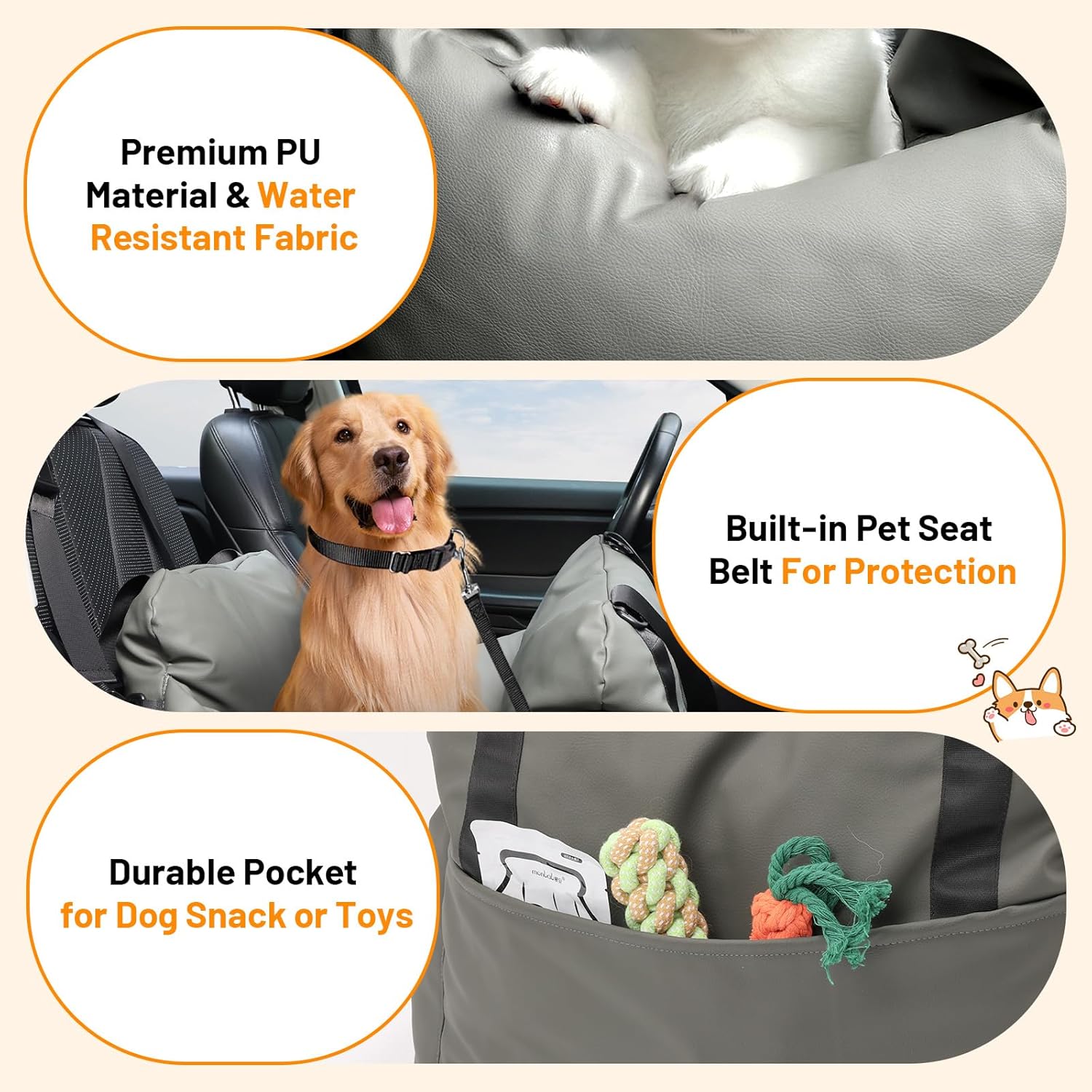 Dog Car Seat for Small Dogs with Removable Sunshade Waterproof PU Leather Travel Bed & Carrier for Small Pets Dog Booster Seat for Front & Back Seat (Grey)