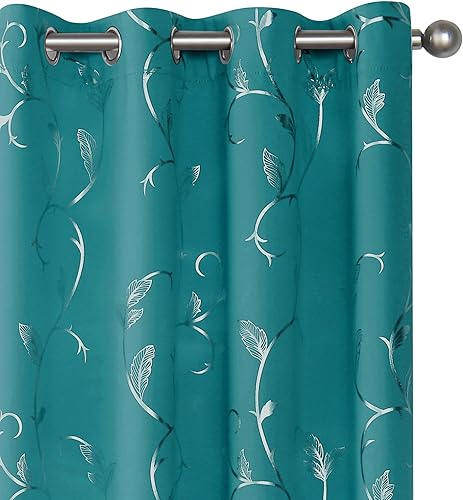 Miniatura 22 de BUHUA Cortinas opacas con estampado de flores, cortinas de ventana con aislamiento térmico, patrón de vid elegante en plata para habitación de bebé,