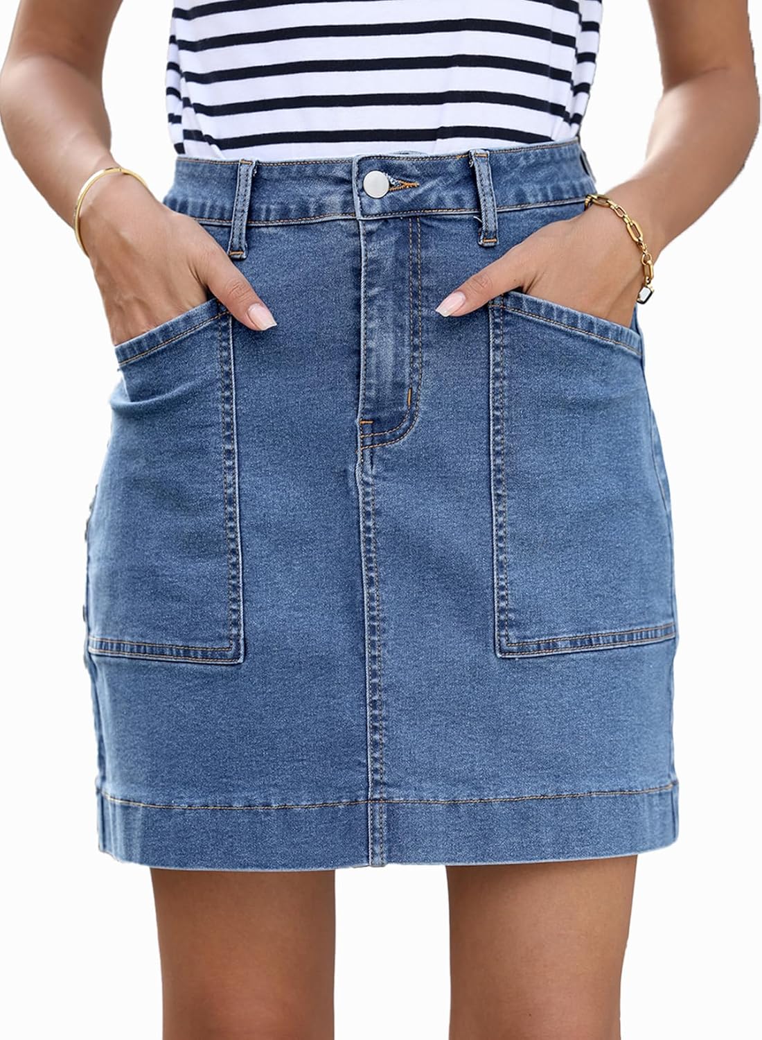 Sidefeel Women's Jean Skirt High Waisted Stretch Casual Summer Zimbaplatinum Denim Skirt with Pockets