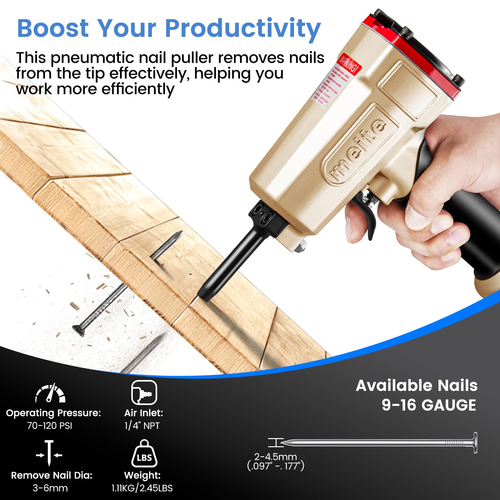 meite NP45 Extracteur d'ongles pneumatique professionnel très résistant pour denailler et recycler le bois, supprime les clous de calibre 9 à 16/6 mm de diamètre