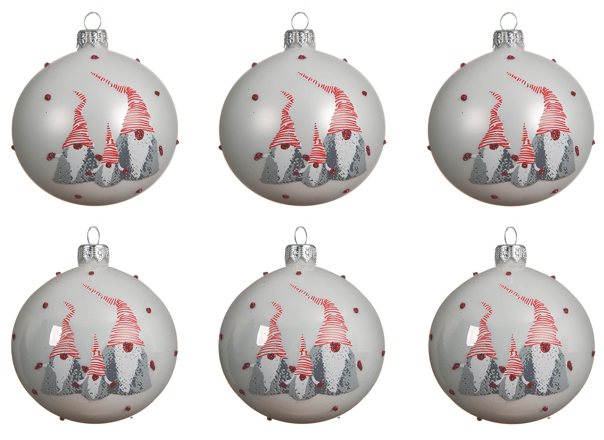Lot de 6 boules de Noël en verre soufflées à la main - 8 cm x 6 - Avec motif lutin - Blanches d'hiver