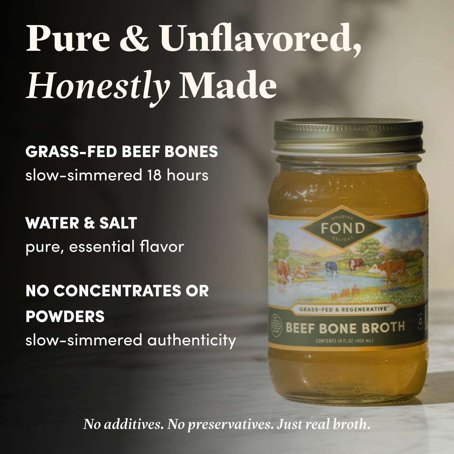FOND Regenerative Grass Fed Beef Bone Broth – Slow-Simmered Beef Broth for Rich and Nourishing Flavor, Nutrient-Dense, Artisan Quality – Pure & Unflavored, 14 oz (4-Pack)