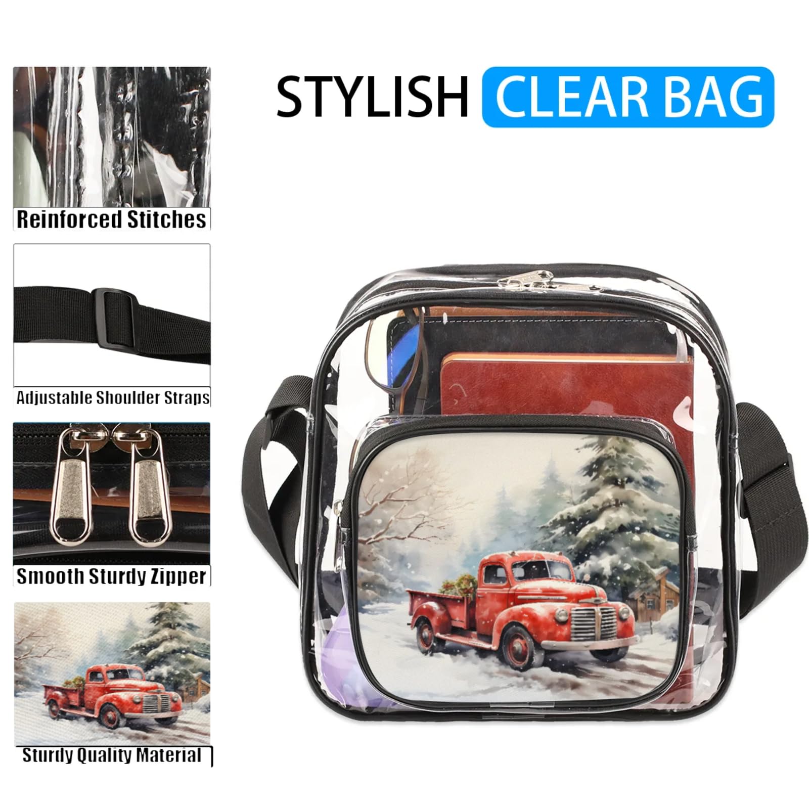 Clear Crossbody Bag Stadium Approved Snow Red Truck Transparent Bag for Festivals, Sports Events, Concerts,Beach Bag for Women Men Xmas Clear Purse with Front Pocket Messenger Bag