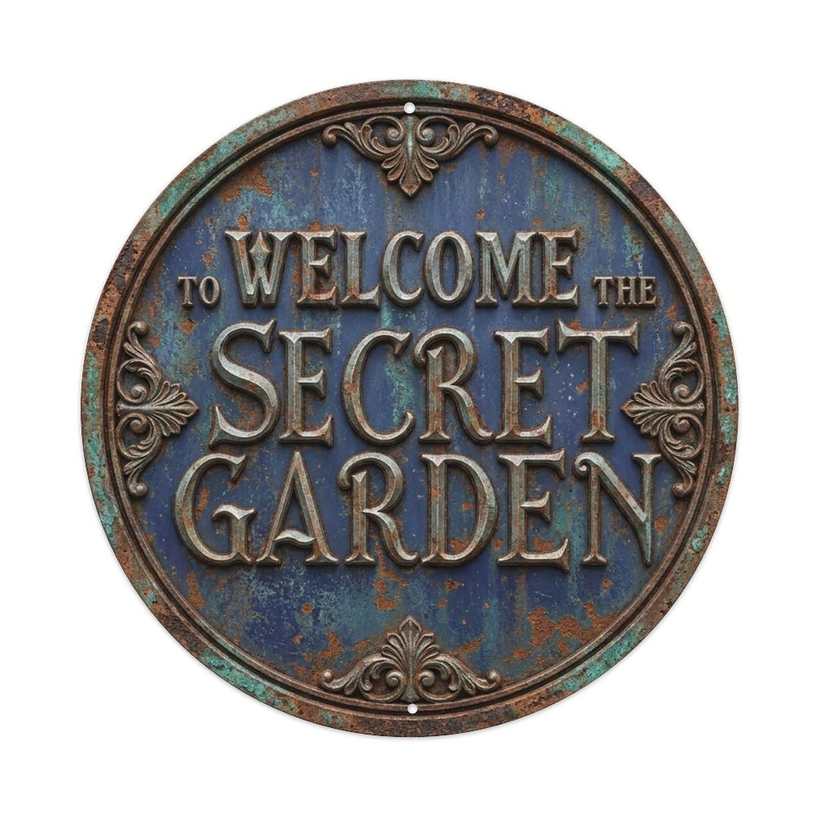 Vintage Welcome Secret Garden Iron Indigo Weathered Metal Tin Sign