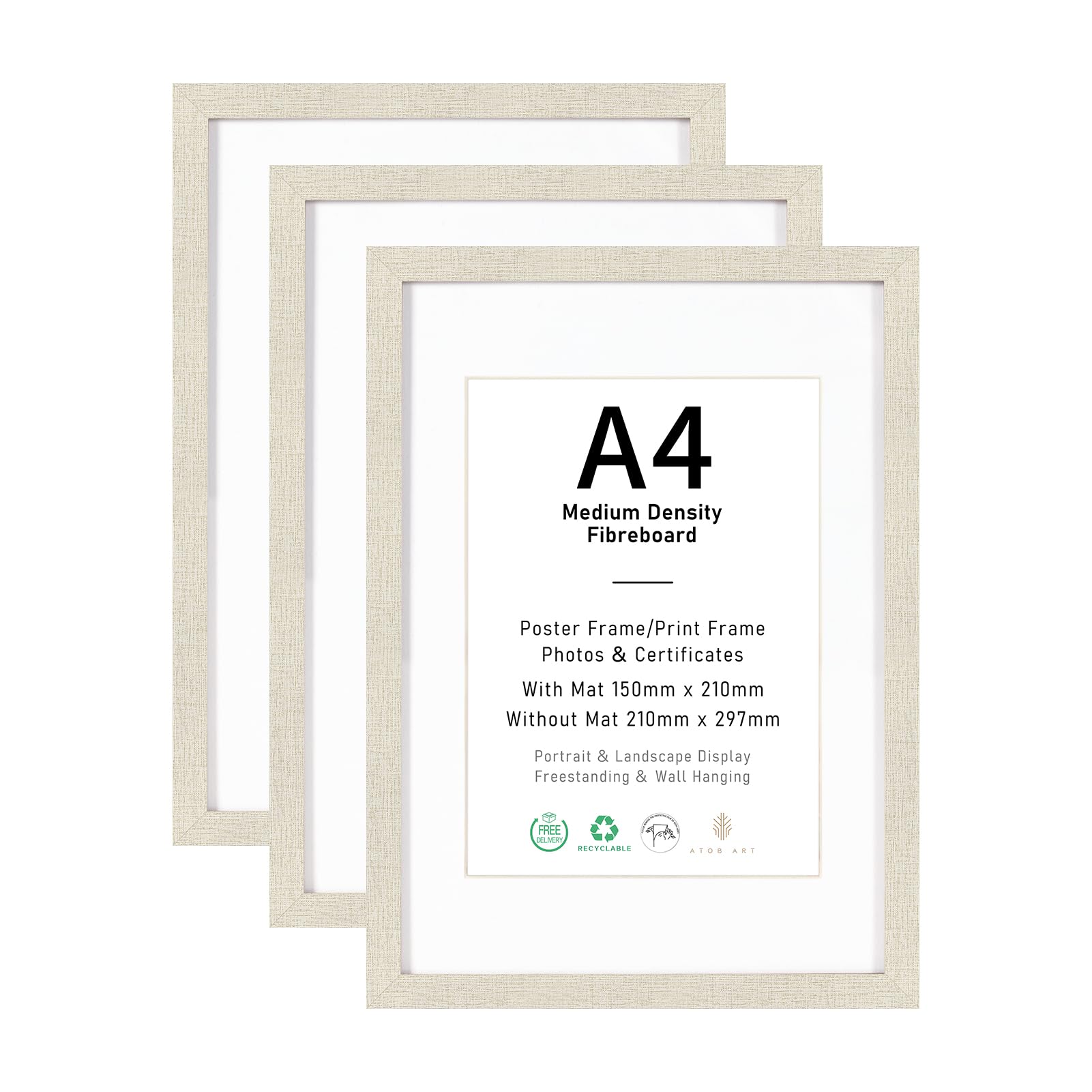 A4 Picture Frame Set of 3, Display A5 with Mat or A4 without Mat, Linen White Photo Frames for Wall Mounting or Table Top Display