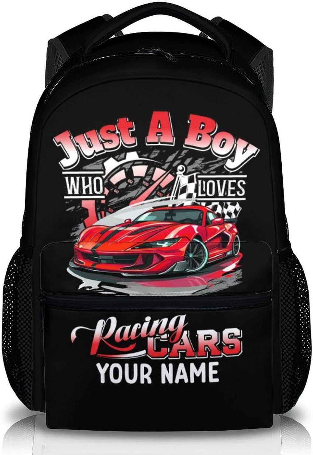 School Backpack for Boys, Personalized with Name Racing Car Backpacks for Students Kids 6-8, 17 Inches Cartoon Bookbag with Pockets for Kindergarten, Primary, Elementary, Back to School Supplies