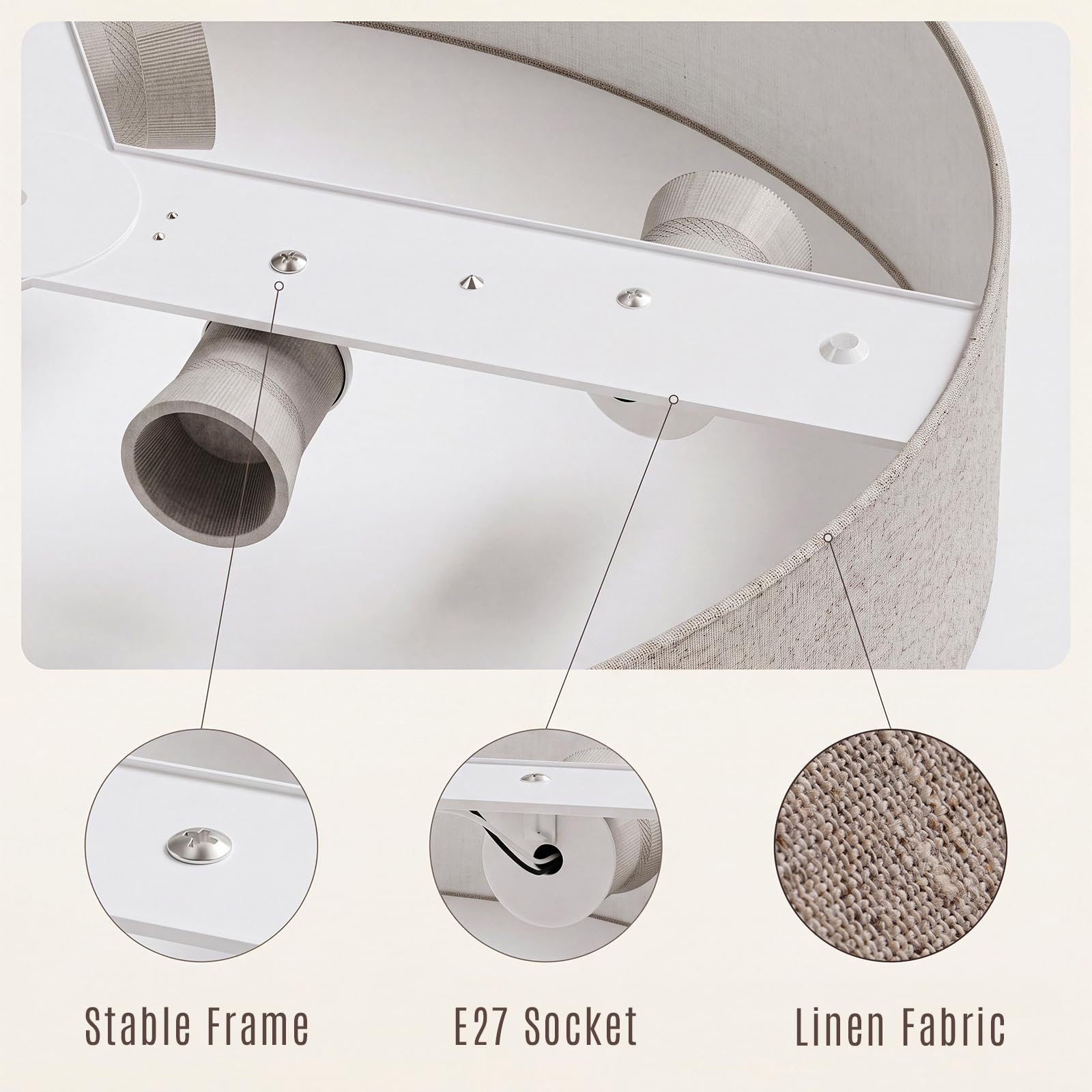 LQWELL Lampada da Soffitto in Tessuto, Plafoniera Rotonda con Paralume in Lino, Attacco E27 x 6, max.40W, Ø50cm x H10cm, Colore naturale, per Soggiorno, Camera da Letto, Sala da Pranzo, Ufficio