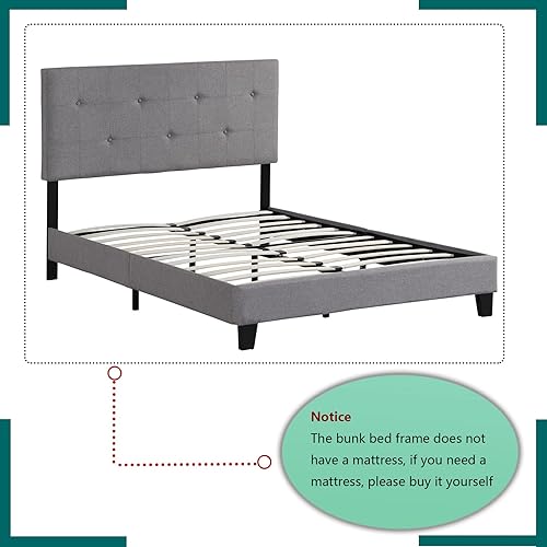 Miniatura 7 de Base de cama tapizada de tamaño Queen con cabecera copetuda de tela, soporte de listones de madera fuerte, base de colchón, no necesita somier, para