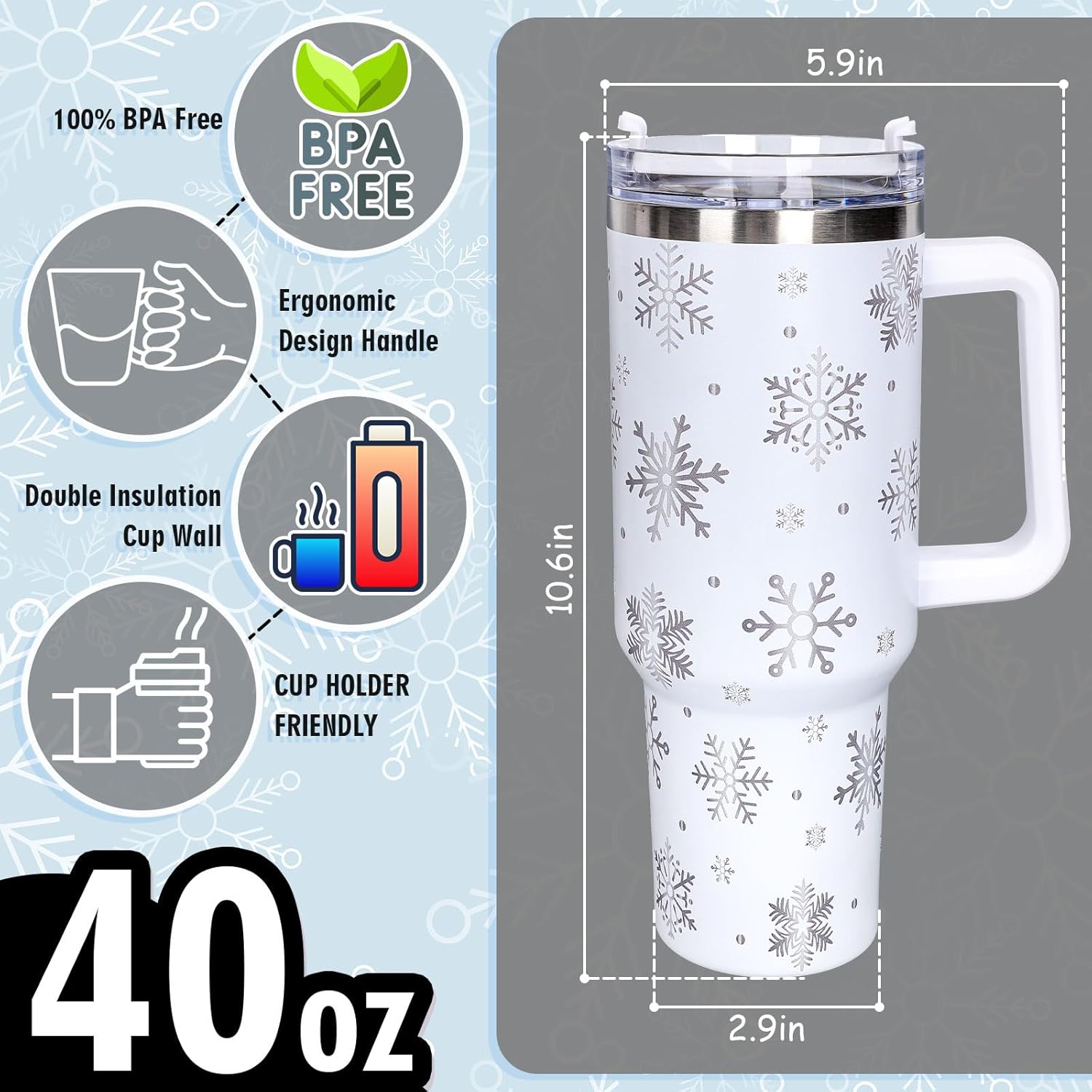 Whaline 40oz Christmas Tumbler with Handle Straw and Lid Snowflake Travel Coffee Tumbler Cup for Xmas Winter Holiday Birthday Party Gift - Image 2