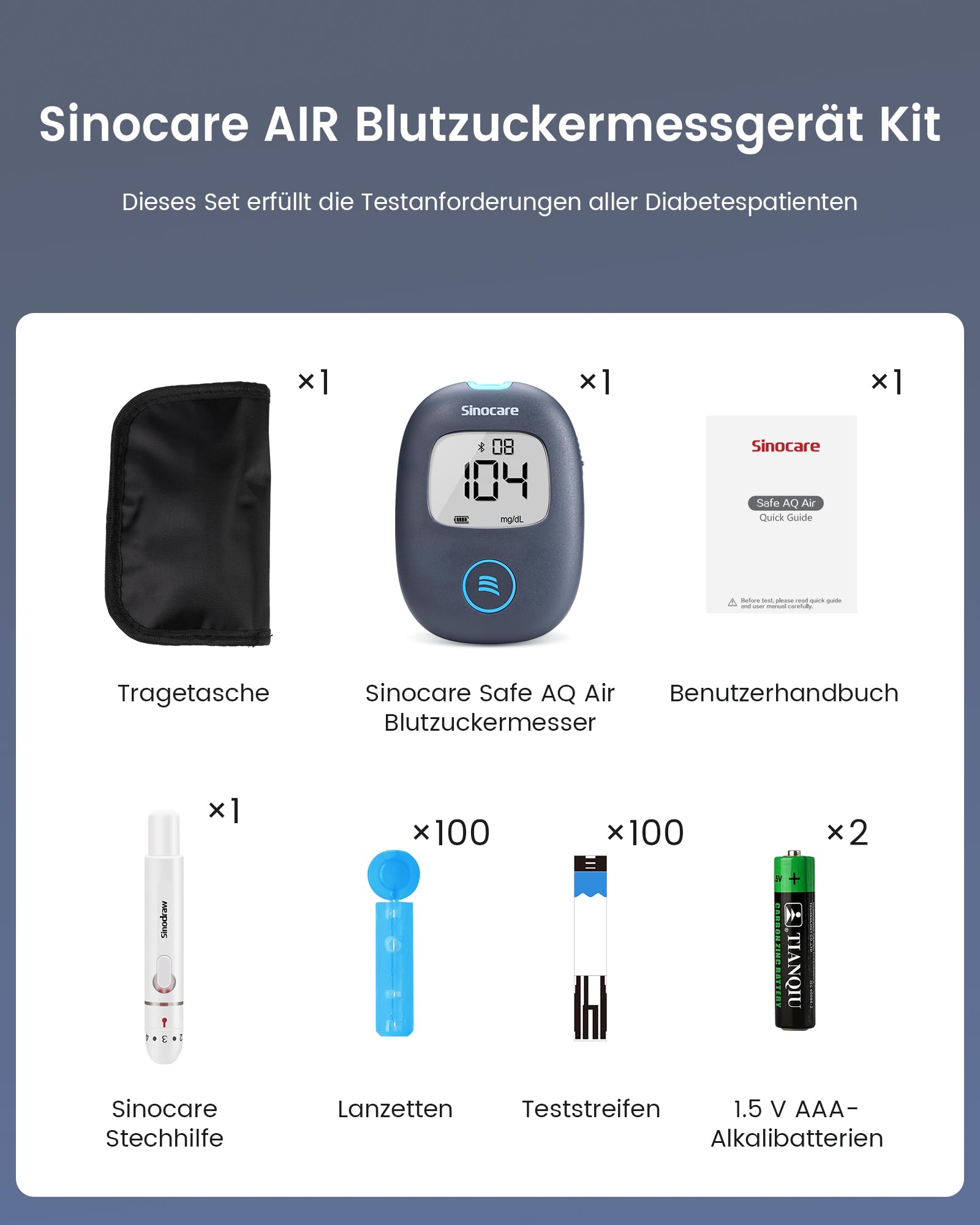 Sinocare Safe AQ Air Blutzuckermessgerät, einfaches und großartiges Blutzuckertest-Set mit Bluetooth und App, mit 100 Teststreifen und Lanzetten, in mg/dl