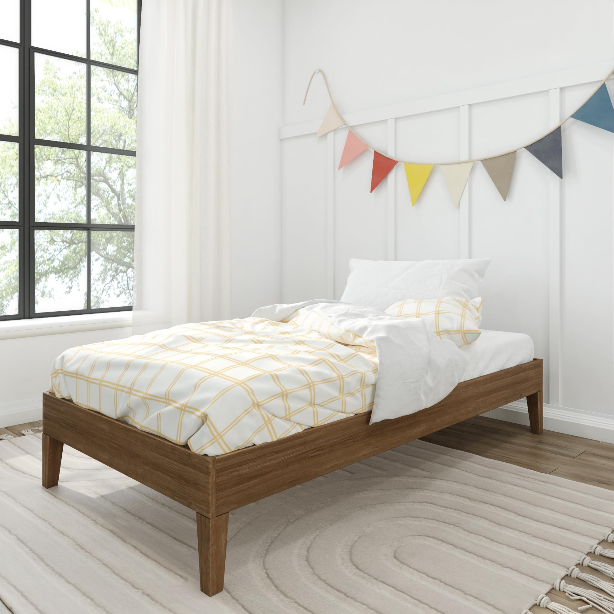Max & Lily Fundamental Twin Platform Bed Frame, Kids Modern Solid Wood Bed, Strong Wooden Slats, Non-Toxic Finishes, Matte Walnut