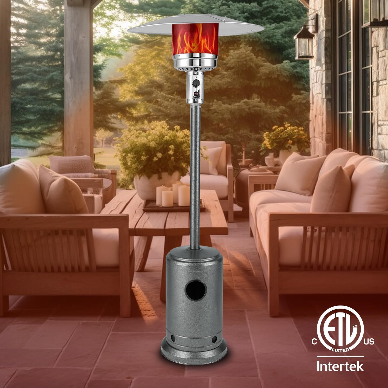 All Seasons Patio Heater With Wheels 46,000 BTU Output Electronic Ignition System Portable Outdoor Propane Heater Series Patio Heater - Hammered Platinum