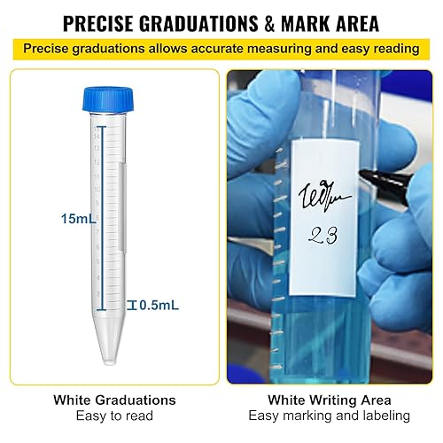 Miniatura 5 de VEVOR Tubos de centrífuga cónicos, 0.5 fl oz, 500 unidades de PP graduados con tapa de rosca a prueba de fugas, estante de tubos de ensayo y marcas,