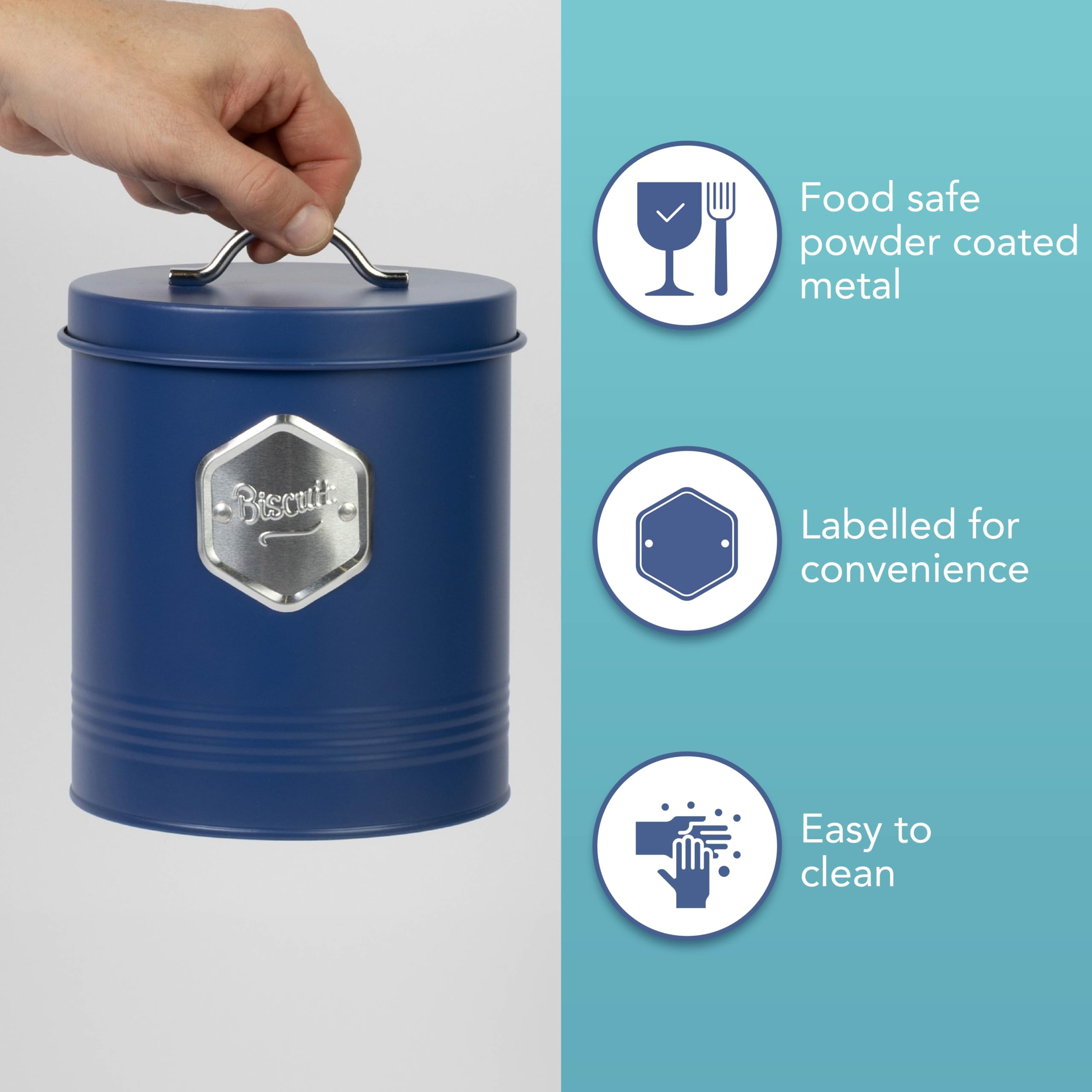 HEFTMAN Juego de recipientes de cocina azules, elegante juego de 5 recipientes de almacenamiento de cocina para pan, galletas, azúcar, café, té, juego de almacenamiento hermético, recipientes